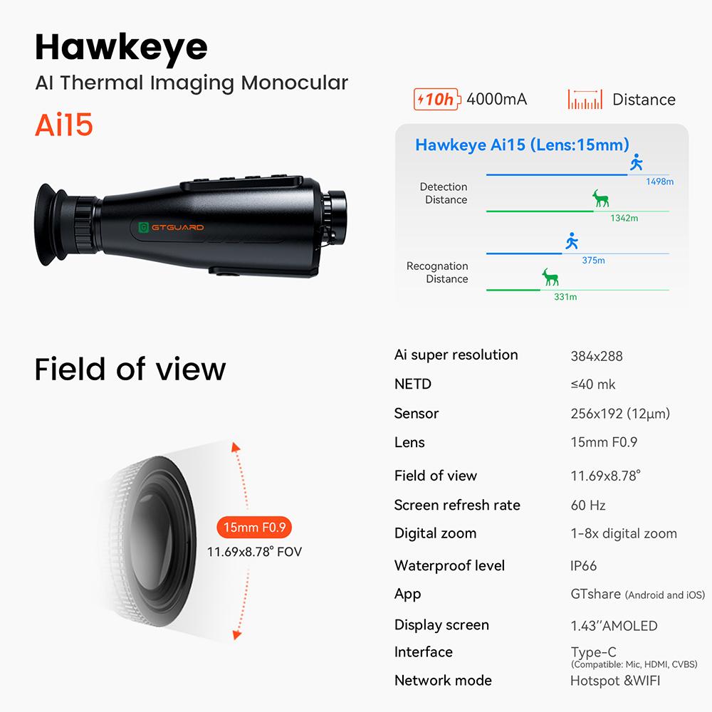 GTGUARD AI15 Thermal Imaging Night Vision Monocular, 60Hz Screen Refresh Rate, 1-8x Digital Zoom, 384*288 Resolution, IP66 Waterproof