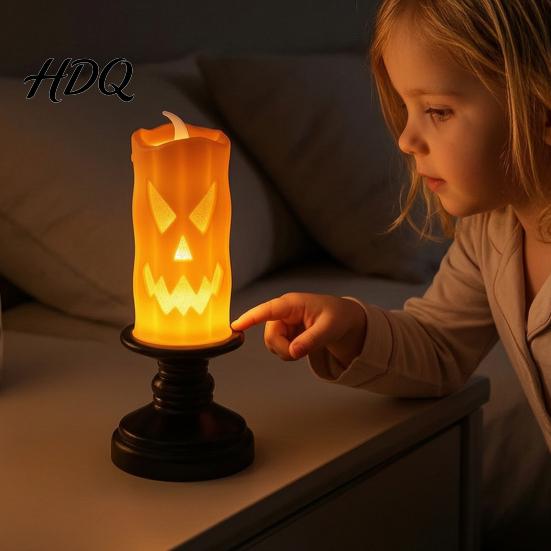 Horror Theme Room Accessories Halloween Flameless LED Candle Spooky Skull Pumpkin Fake Pillar Candles Battery Creative Gift for Lovers Operated