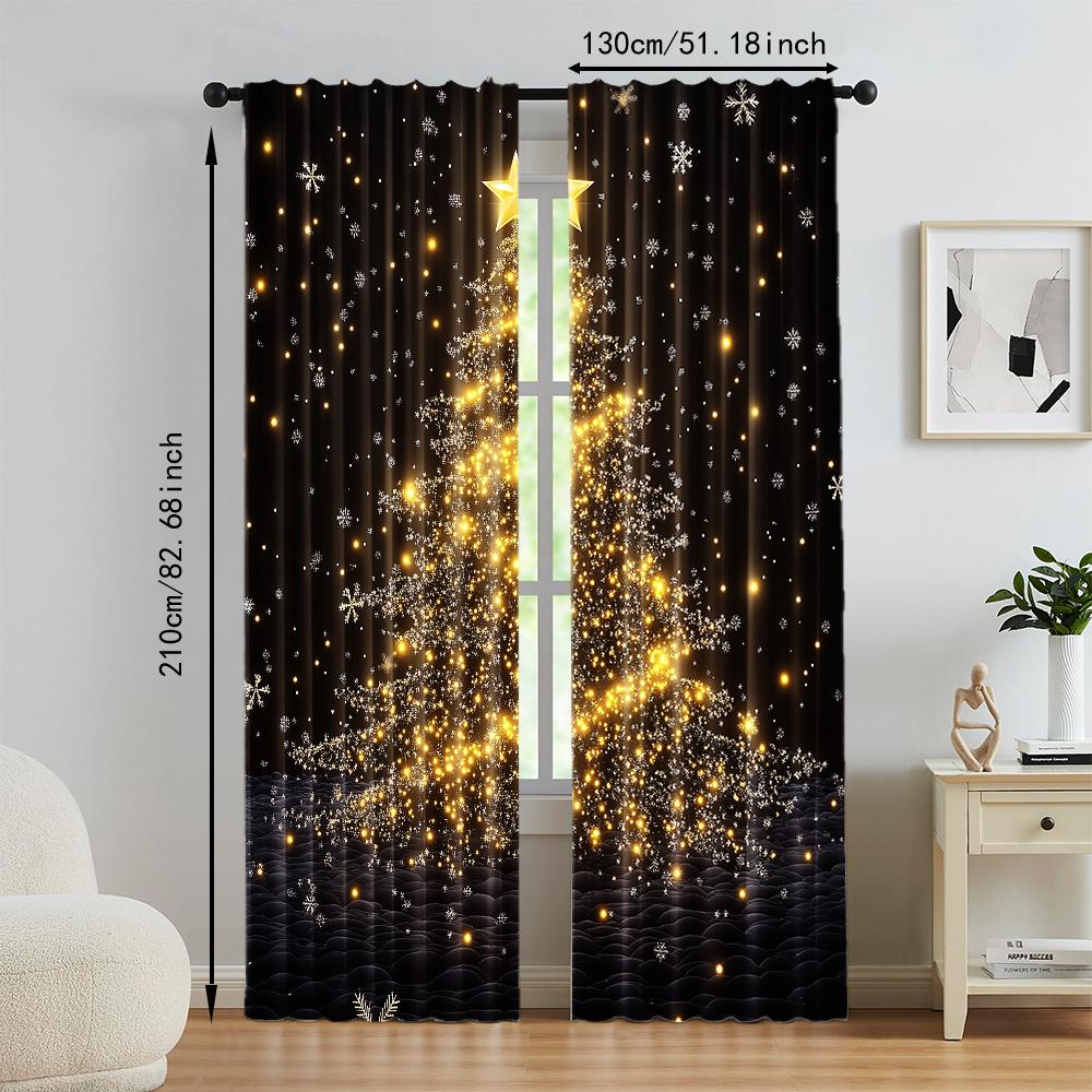 Set aus 2 Goldfarbenen Weihnachtsbäume Druck Vorhängen Stangenloch Design Einfaches Aufhängen Perfekt Wohnzimmer Schlafzimmer Büro Polyester Hausgemacht Großes Fenster