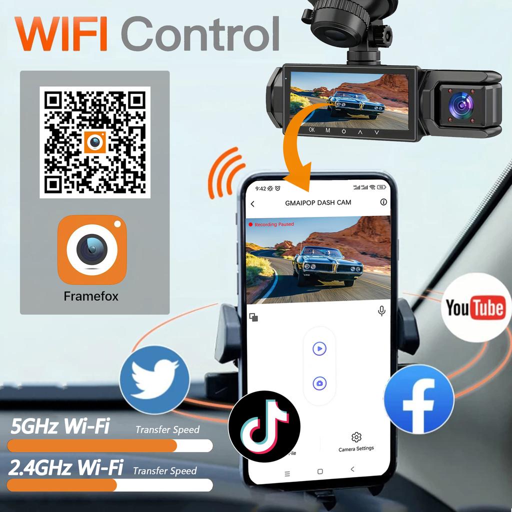 1080P WIFI Camera Dash Cam for Cars 2/3Ch Front Rear and Inside Car Camera with IR Night Vision LoopRecording,wide Angle Car DVR