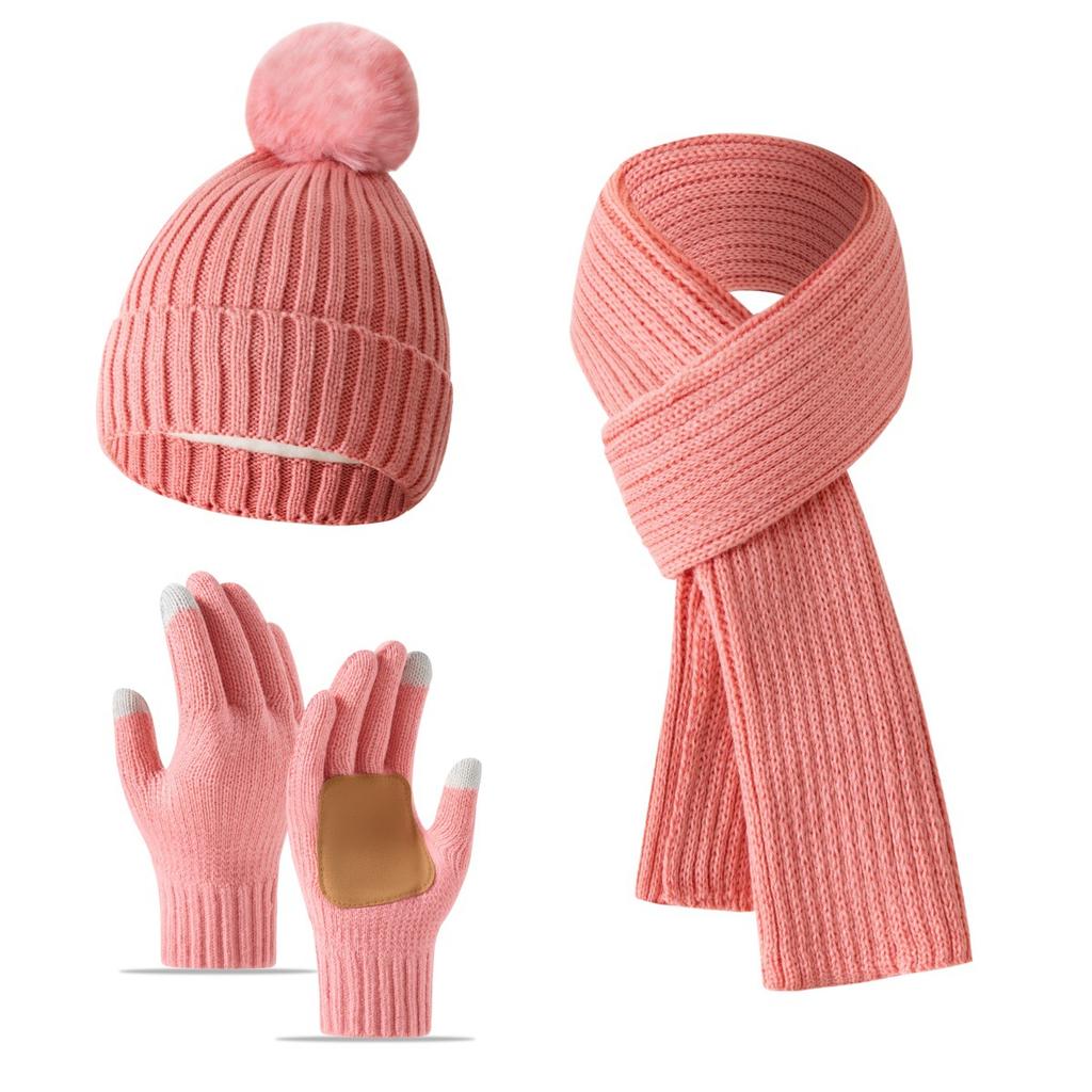 Palm Leather Striped Knit 3-Piece Set Solid Color Winter Warm Fleece Hat Scarf Gloves Women
