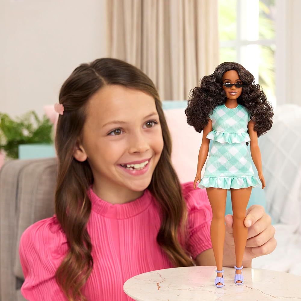 Barbie Fashionista Green Gingham Dress Doll Playset for Kids Age 3 and Up Green
