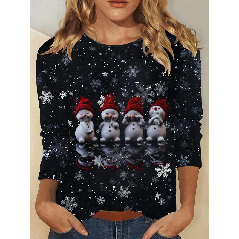 

Весенне-осенние футболки с круглым вырезом, на рождественскую тематику, с 3D-принтом снеговика, модные повседневные женские футболки с длинным рукавом XL