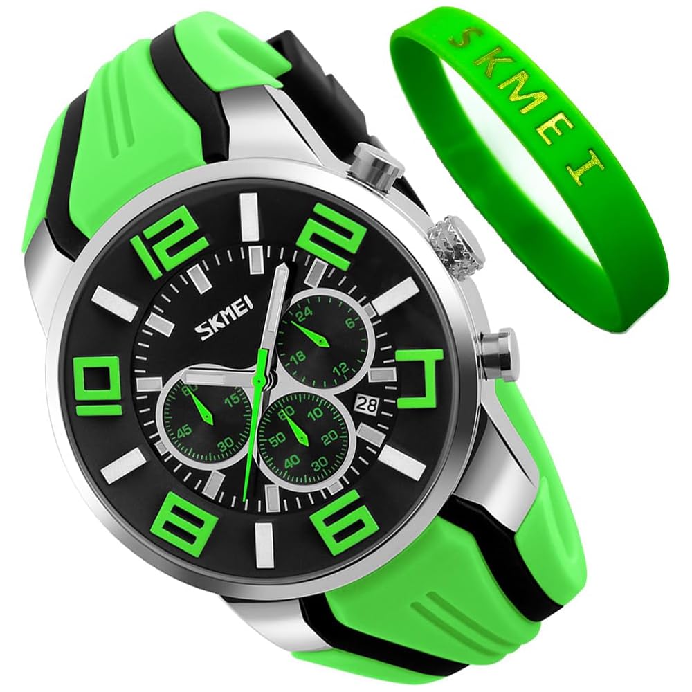 Men s Big Face Analog Chronograph Watch Green Silicone Waterproof Casual Sports