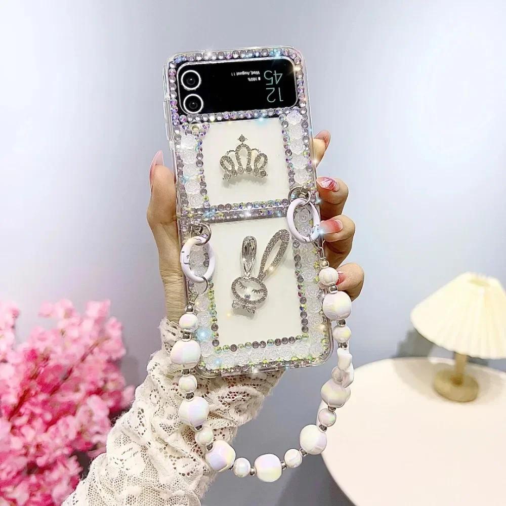 

Портативный браслет из лазерных бусин и чехол для телефона с бриллиантовым бантом для Samsung Z Flip 5 4 3, Роскошный цветной чехол из прозрачного страза For Samsung Z Flip 5