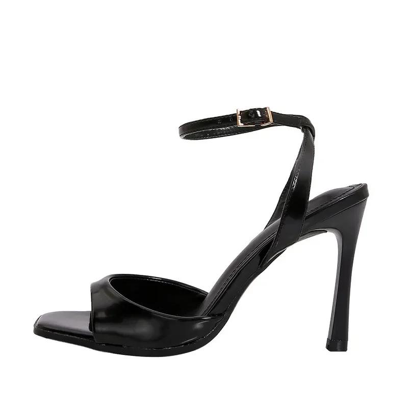 Fashion Sexy Square Open Toe High Heels Women Summer Elegant Party Office Shoes Black Patent Leather Ankle Strap Buckle Heeled Sandals