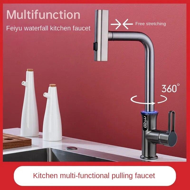 

Пистолетно-серый цифровой дисплей, кухонный выдвижной смеситель, раковина для горячей и холодной воды, раковина, выдвижной бытовой смеситель