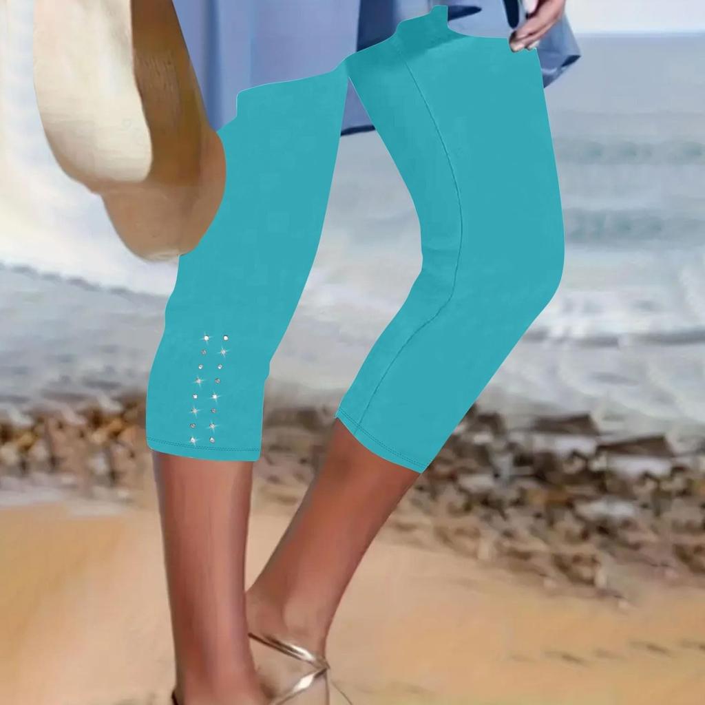 Women's Mid-waist Elastic Solid Color Cropped Pants Tight Fitting Fashionable Sexy Bright Diamond Casual Pants