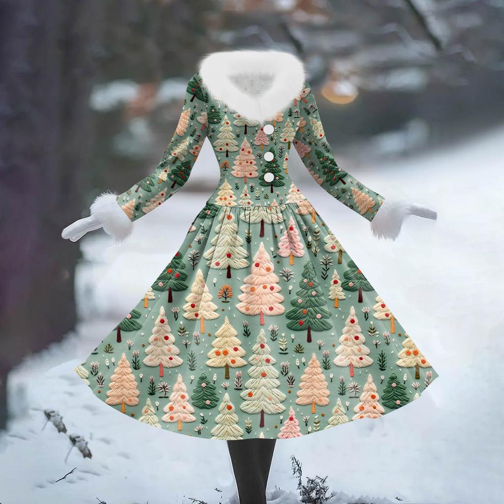 Women's Casual Dress Long-Sleeve V-Neck Patchwork Fleece Christmas Print Dress