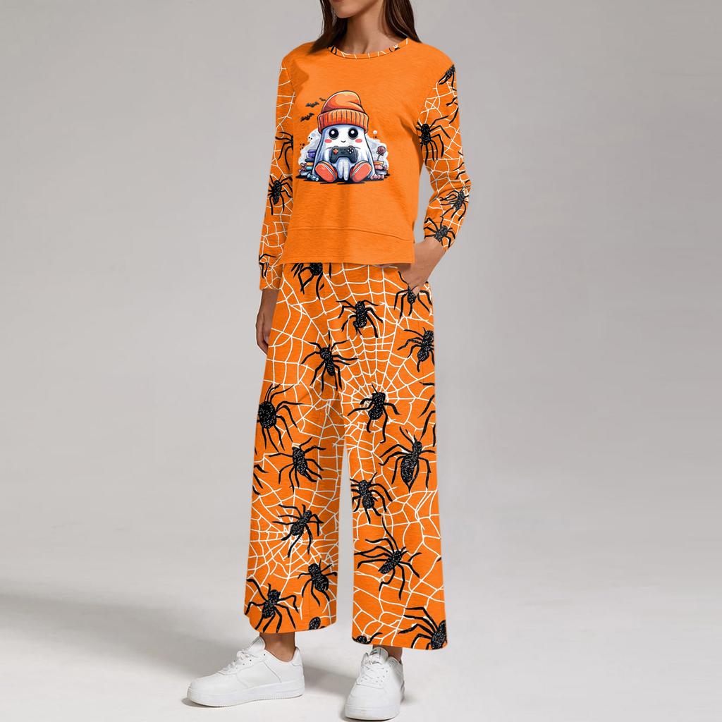 Women's Casual Round Neck Loose Fit Sweatshirt and Pants Set with Halloween Print Hem Slit for Halloween