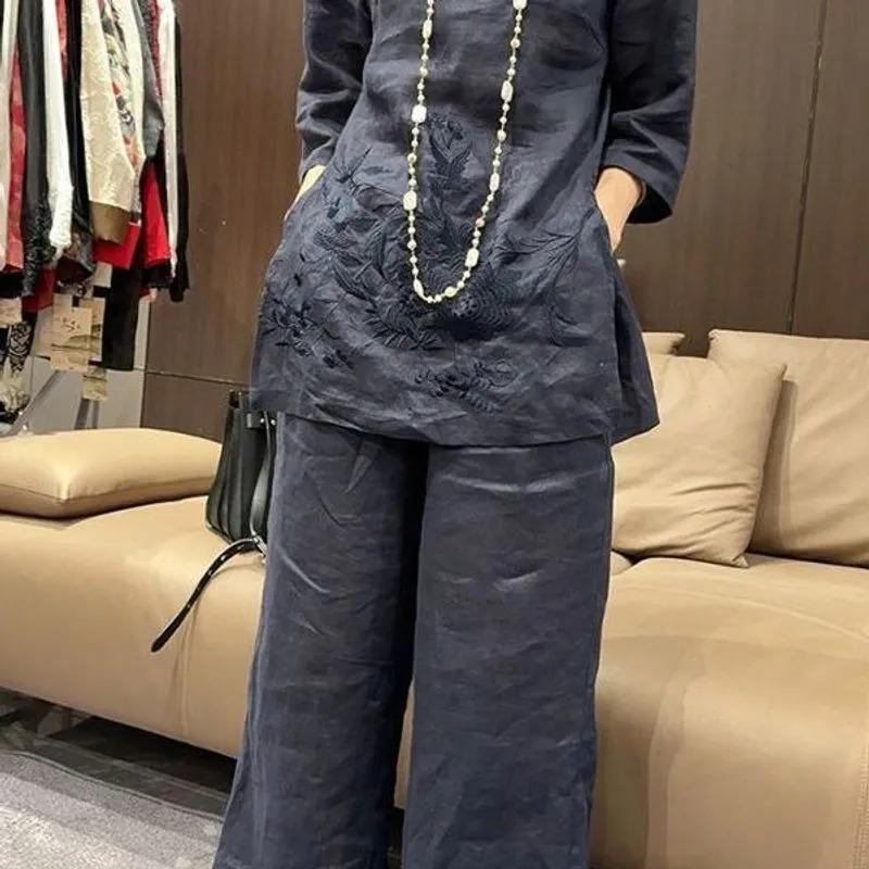 Dámský Růžový Lněný Nový Čínský Styl Vyšívaný Dvoudílný Set 3/4 Rukáv Volný Top Široké Kalhoty Ležérní Outfit