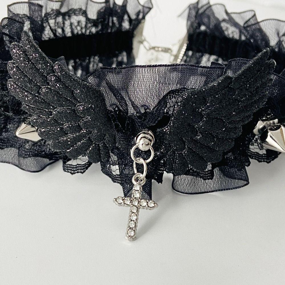 Lace Angel Wing Necklace Rhinestone Cross Lolita Necklace Black White Y2K Necklace Vintage Punk