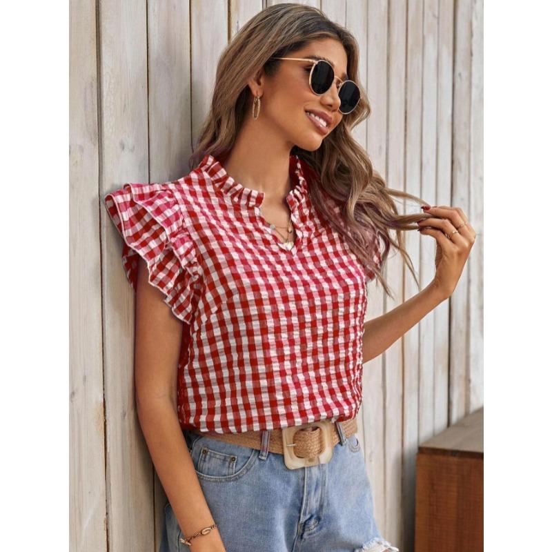 Blouse à imprimé carreaux d'été à volants double épaisseur pour femme, chemise douce et mignonne à col en V, hauts à manches courtes à carreaux pour femme, vêtements décontractés simples et amples