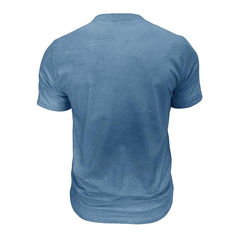 Men Black Washed Henley Neck Short Sleeve Chest Pocket Casual T Shirt