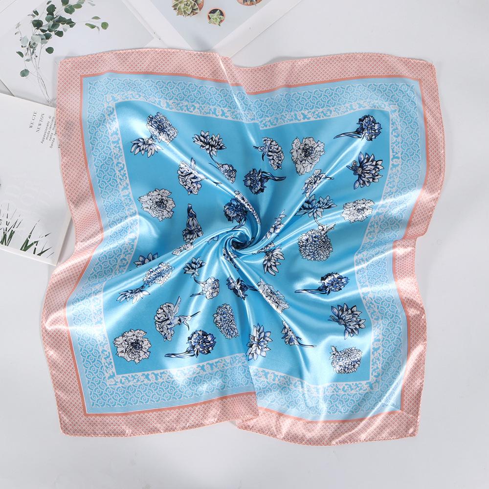 Stewardess Silk Scarf Floral Print 60Cm Small Square Scarf Satin Imitation Silk Scarf Decorative Scarf Neck Protection Scarf