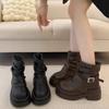 Black British Style Belt Buckle Thick-soled Martin Boots for Women's Autumn and Winter New Retro Versatile Height-increasing and Thin Short Boots