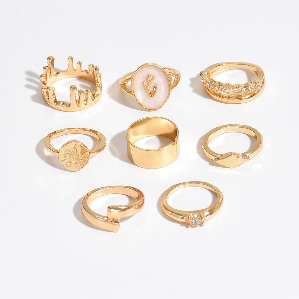 Geometric Zinc Alloy Ring Set With Floral Design For Stylish Women