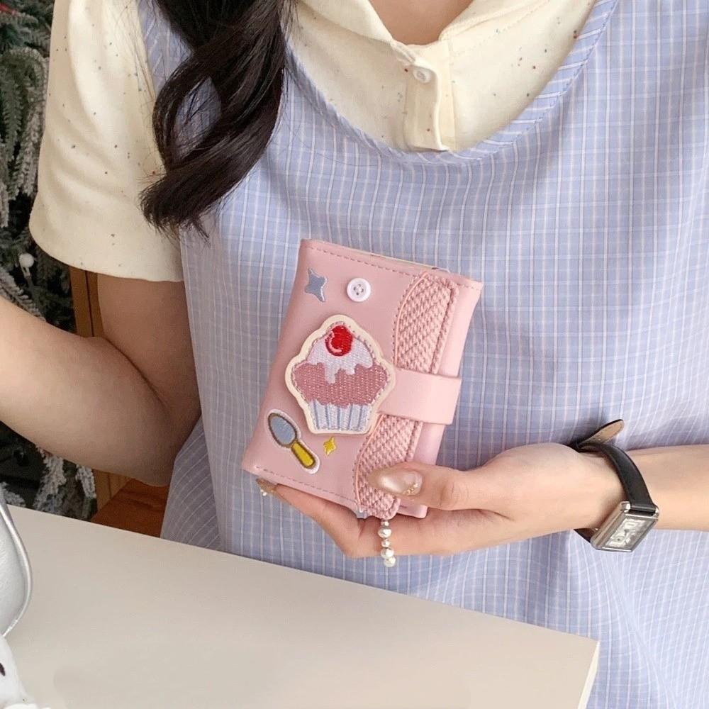 Cute Cartoon Cupcake Short Wallet Multi-card Slot Embroidery Coin Purses Leather Money Bag Women