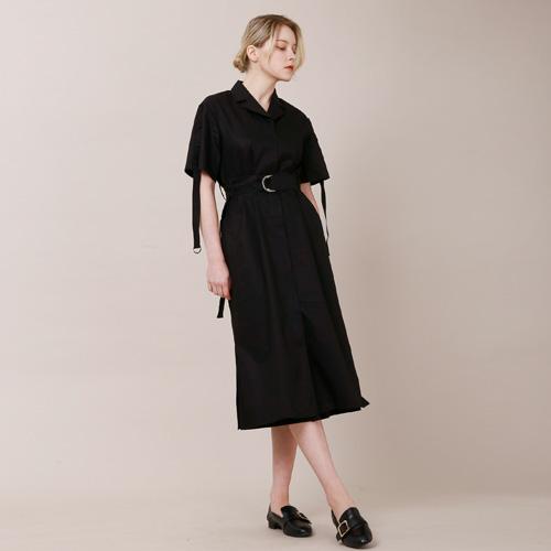 WUNDER GEIST Tailored Collar Short Sleeve Strap Long Dress (Black)