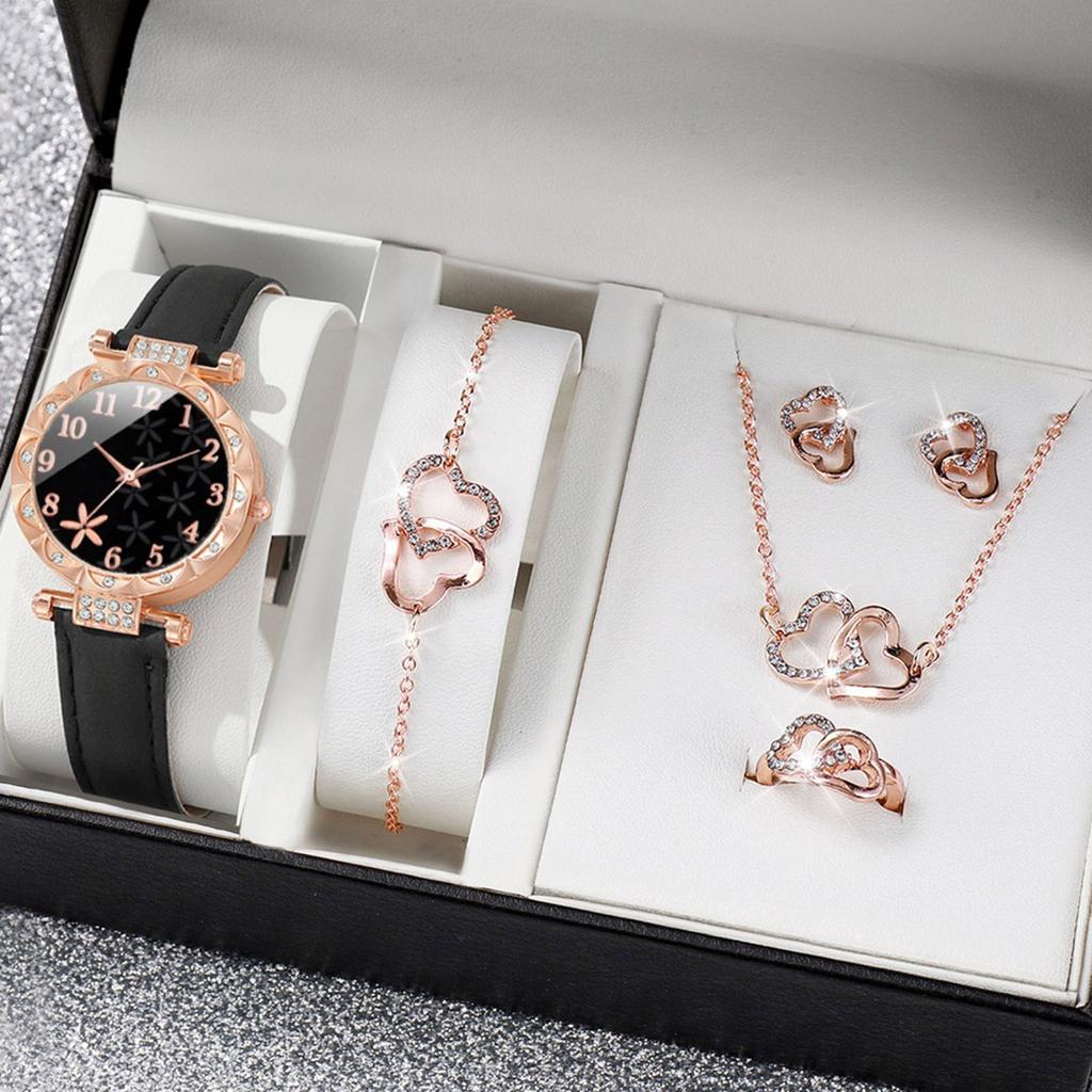 Damen Armbanduhr und Koordinierende Schmuckkollektion Anhänger Halskette Armband Ringe Ohrringe Modisches Damen Schmuckset