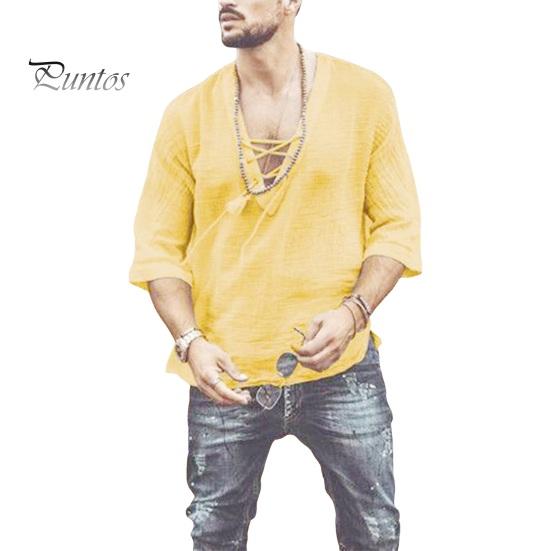 Summer Men Shirt Lace-up V Neck Mid Sleeves Loose Pure Color Pullover Retro Daily Wear Quick Dry Thin Casual Mid Length Top