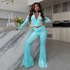 Womens Casual Two-Piece Set: Solid Color Long Sleeve Zip-Up Cardigan Elastic Flare Pants