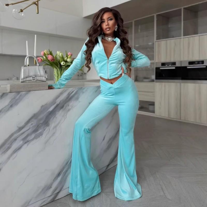Womens Casual Two-Piece Set: Solid Color Long Sleeve Zip-Up Cardigan Elastic Flare Pants