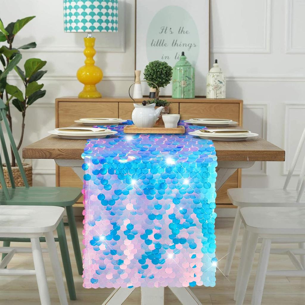 Mermaid Tail Scales Table Runner 12 x 84 Inches - Glitter Holographic Sequin Cover for Ocean Under The Sea Party Decorations and Supplies (1)