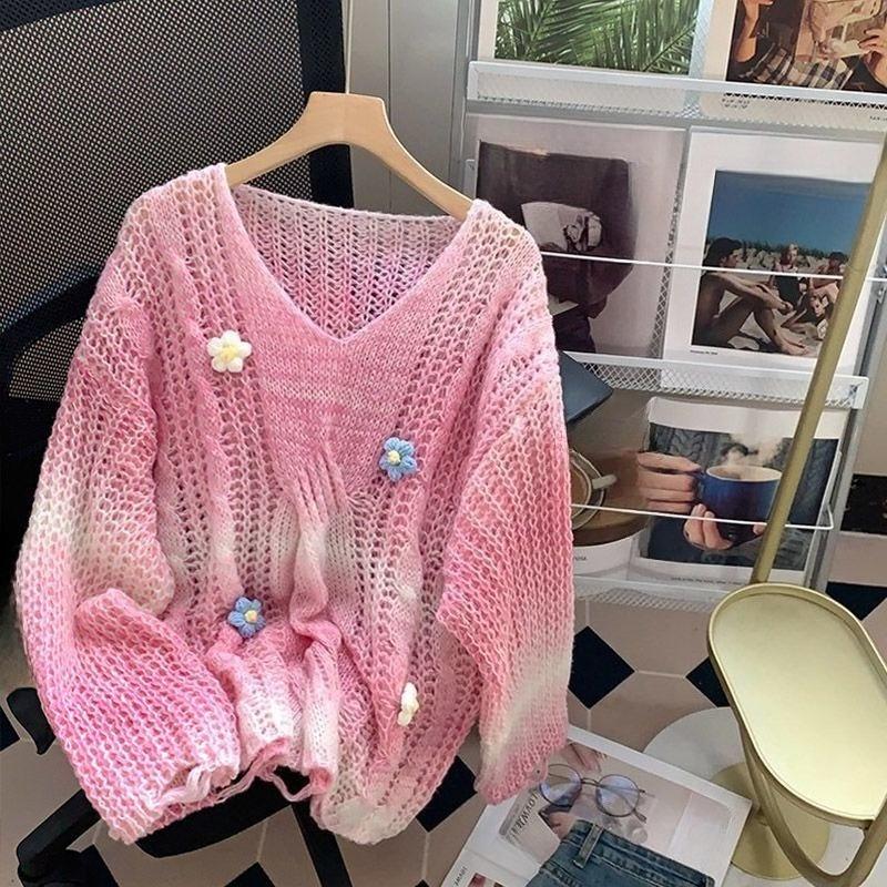 

Women 3D Floral Gradient Sweater Sweet Lady Loose Knitted Sweaters Autumn Fashionable Comfortable Female Pullover Top One Size розовый