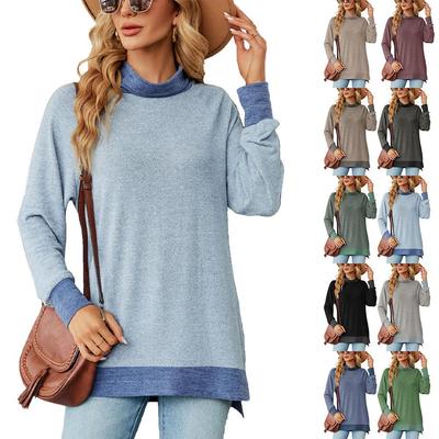 Women's  Shirt Color Contrast Long Sleeve On The Shirt with Neck Loose Long Sleeve Slit T-shirt Top for Women  Autumn and Winter