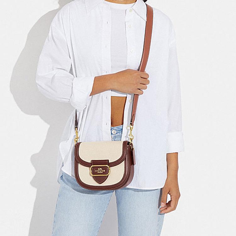 New COACH Morgan Cow Leather With Textile Saddle Bag, Crossbody Bag, Shoulder Bag Small Size Women's Red & Beige CH183-IMNAM