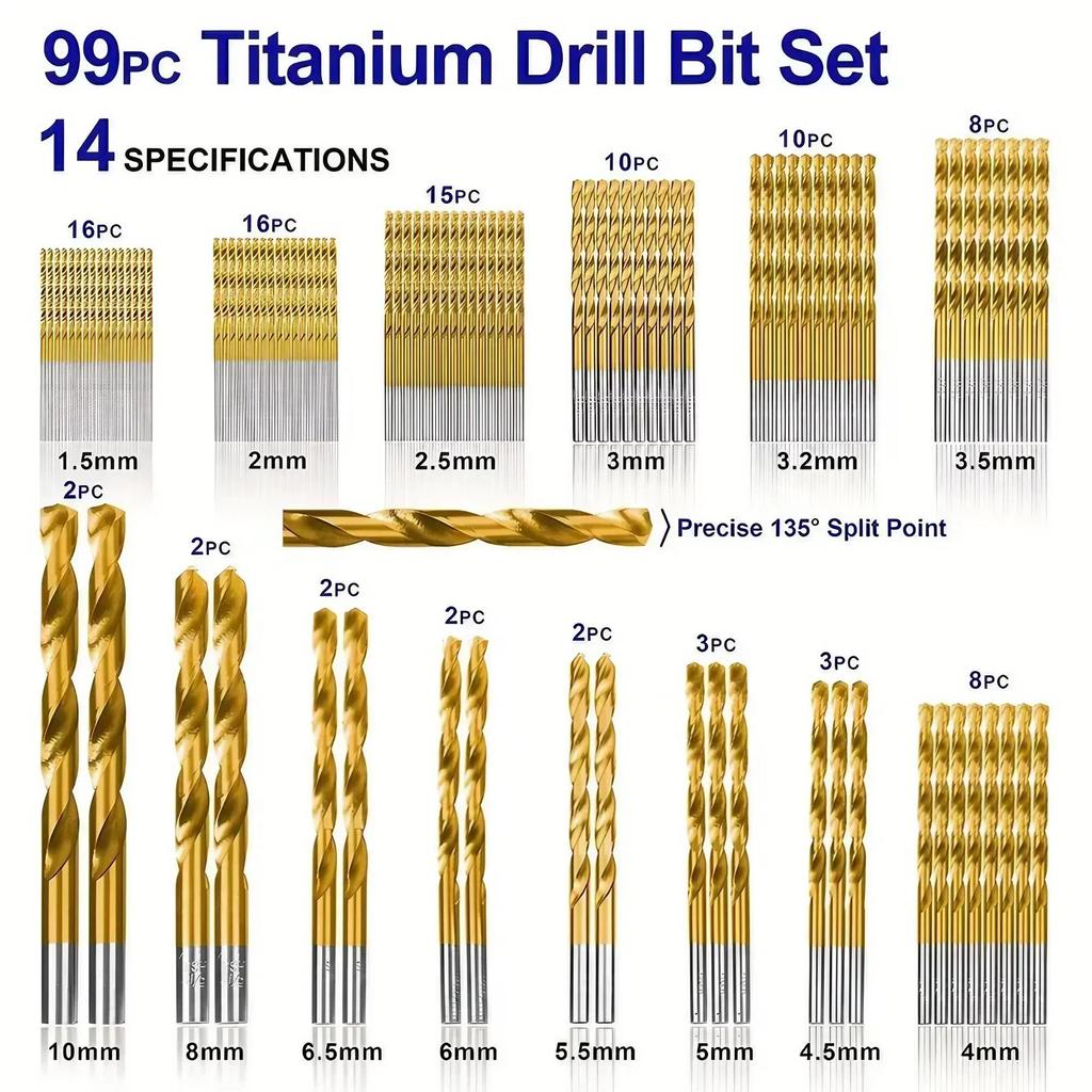 99 Pieces Titanium Twist Drill Bit Set, High Speed Steel, Size from 1/16" Up To 3/8", Ideal Drilling In Wood/Cast Iron Anti-rust