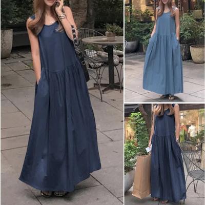 Letní neformální kulatý výstřih bez rukávů oversized volná jednobarevná vesta dlouhý styl velká kyvná šaty