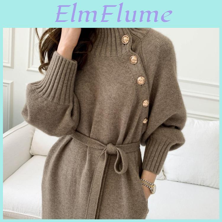 Vintage Turtleneck And Autumn Winter Chic Button Twowear Sweater Skirt Quality Laceup Waist Knit Dress