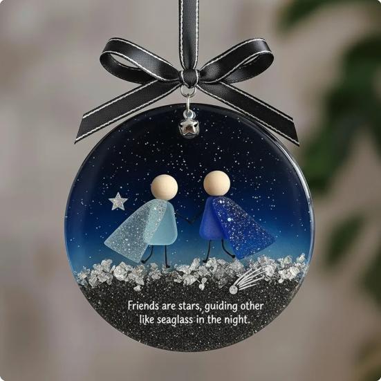 Sea Glass Friendship Ornament Round Handmade Sea Glass Christmas Tree Ornament with Heartwarming Message Friendship Gifts for Best Friends