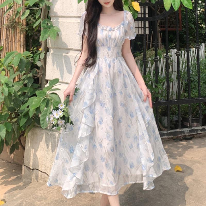 First Love French Square Collar Romantic Floral Chiffon Dress Women's Summer Large Size Temperament Waist Thin Fairy Dress