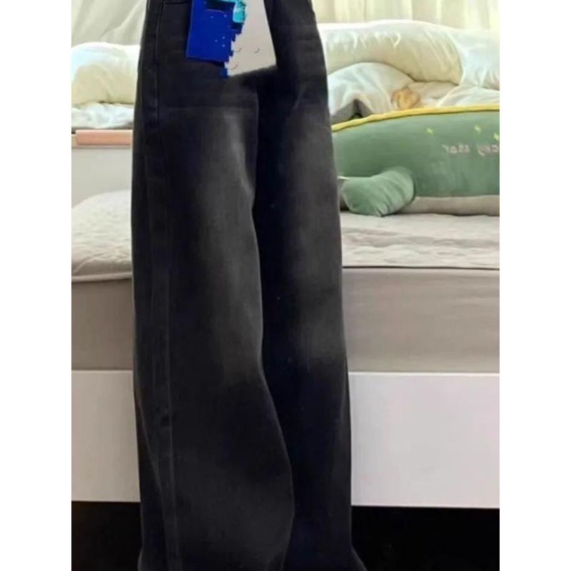 145 Small American Retro Black Gray Jeans Female Fashion High Waist Slimming Wide-Leg Pants Ins Fashion