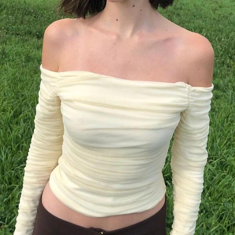 Mesh Ruched Fairy Long Sleeve T-Shirt Women Sexy Off Shoulder Streetwear Crop Tops Female Solid Elegant Party Fashion Clothing 2026