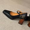 Spring and Summer Single Shoe Women's Patchwork Thick Heel Single Buckle Belt French Square Toe High Heels Anti Slip Shoes