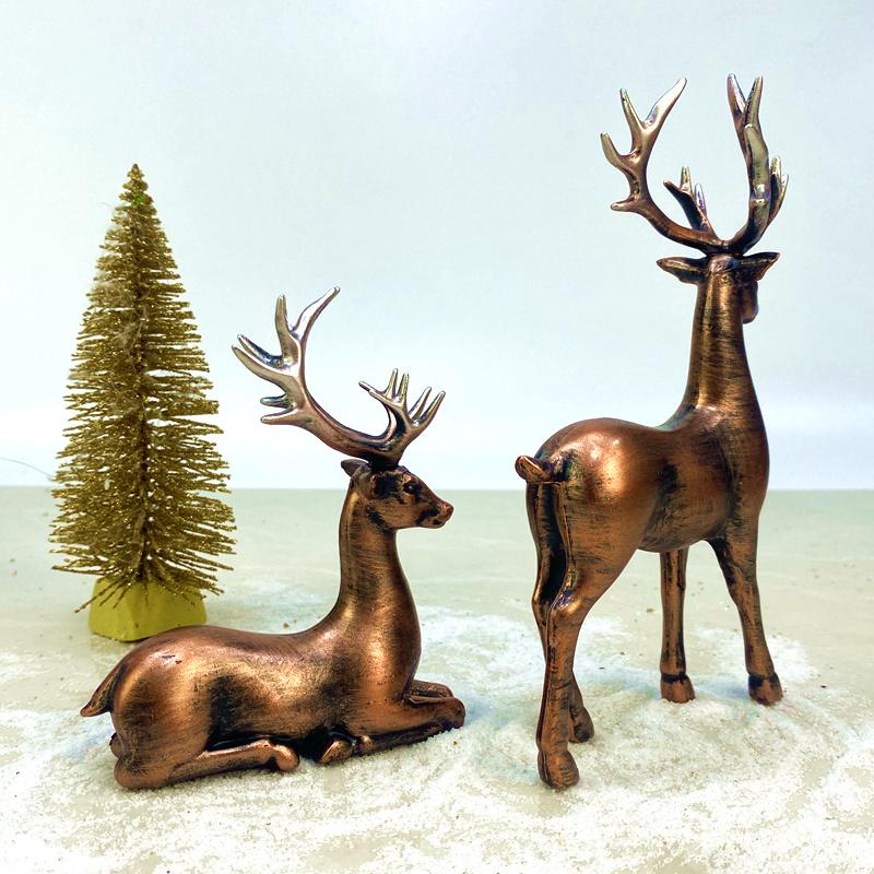 2 Packs Copper Animal Reindeer Figurines Resin Art Deco Decor for Home Sitting & Standing Elk Statues