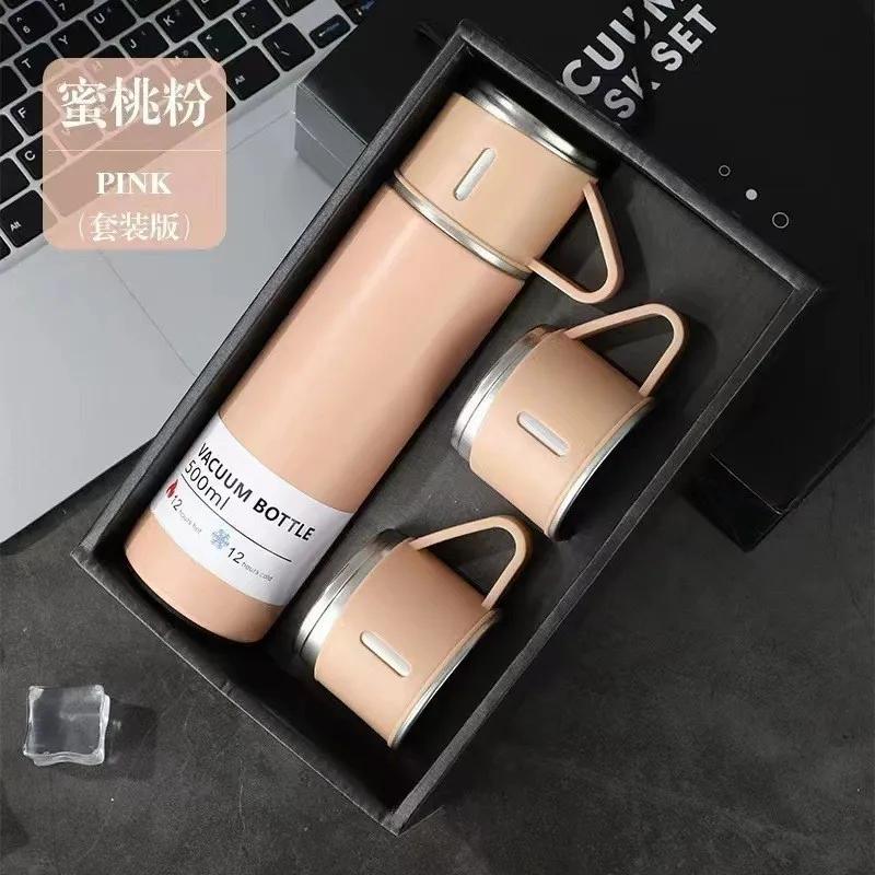 500ml One Cup Three Lid Stainless Steel Insulated Bottle Business 304 Large Capacity Thermos High End Gift Box Set Water Cup