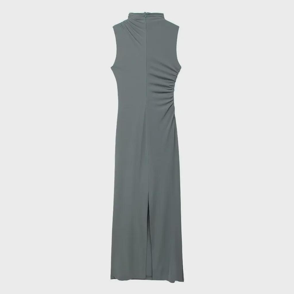 2024 Sleeveless Pleated Stand Collar Midi Dress - Solid Color Slim Fit
