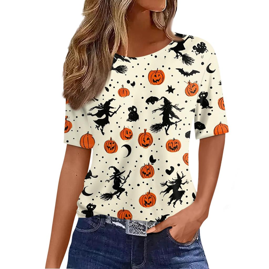 Women's Casual Short Sleeve Pullover Top Halloween Pumpkin Bat Print Round Neck Fashionable Relaxed Fit Shirt for Everyday Wear