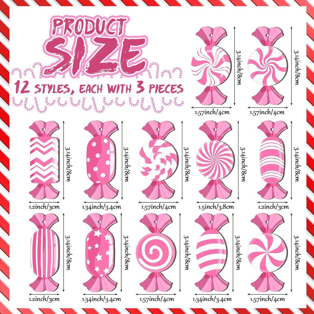 Pink Christmas Decor, Candy-Themed Ornaments, Pink and White Candy, Wooden Tree Decor, Hanging Decorations, Party Gift