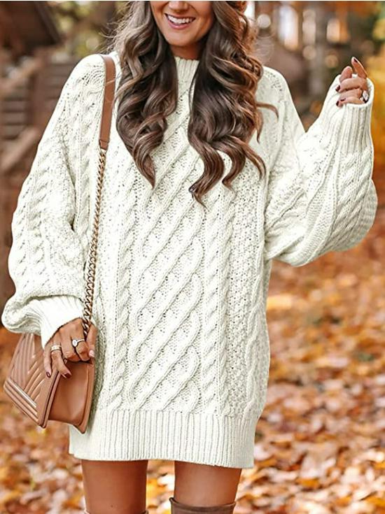 European & American Women's Oversized Cable Knit Sweater Dress - Round Neck, Long Sleeve, Mid-Length, Warm