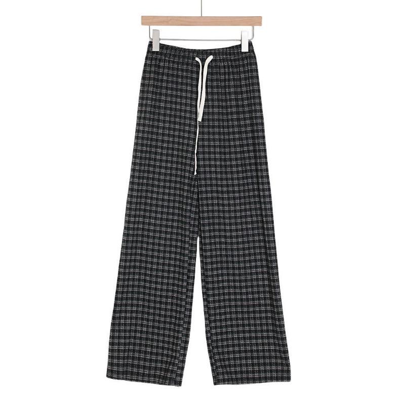 Retro style jacquard plaid pants fashionable and simple drawstring elastic waist casual pants women's versatile high waist drape straight pants