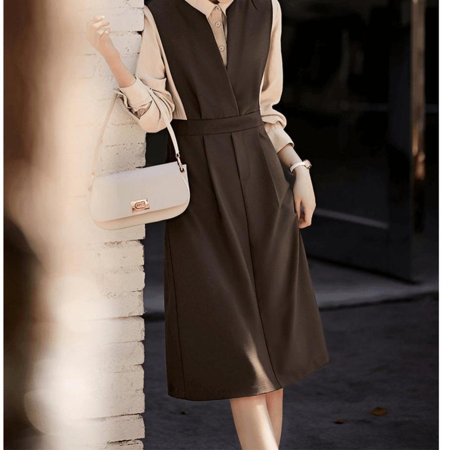 New Fashion Temperament Elegant Contrasting Color Splicing Fake Two-piece Commuting Thin Dress Women