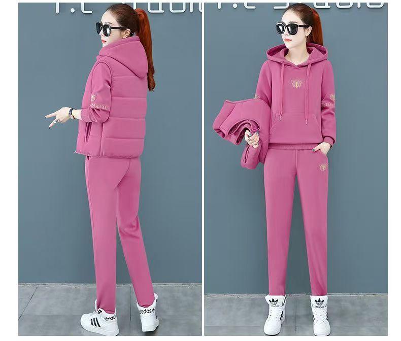 Women's Fleece-Lined Embroidered Hoodie Three-Piece Set for Autumn/Winter 2024