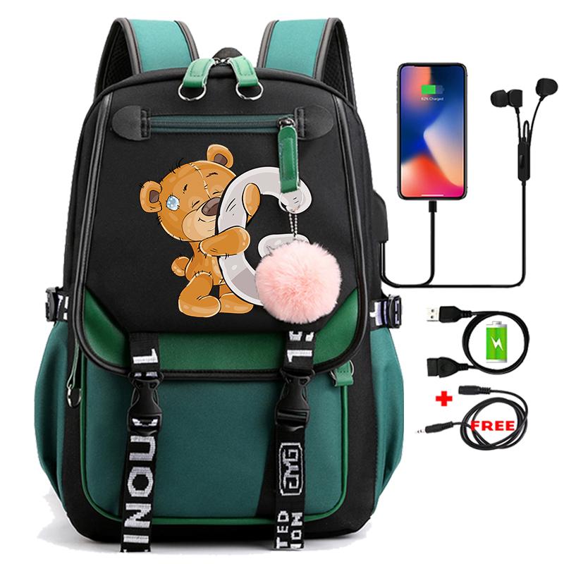 Lovely Little Bear 26 English Letters Student School Bag Backpack Outdoor Teenage Girl Cartoon Bookbag Laptop Travel Rucksack
