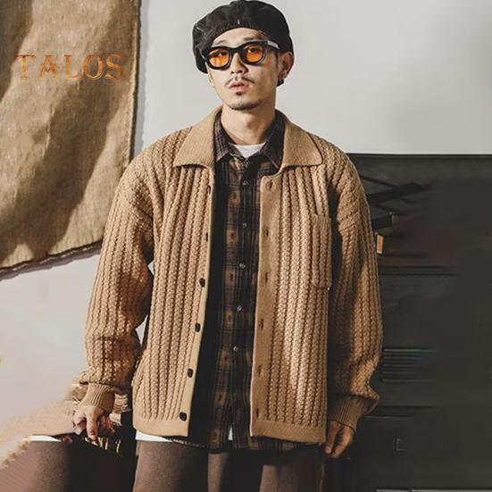 Suéter de otoño-invierno para hombre, cuello vuelto, botonadura sencilla, tejido de punto grueso con bolsillo en el pecho, mangas largas, color liso, elástico, abrigo para uso diario